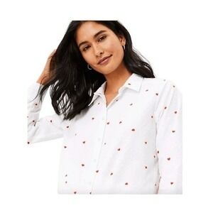 Loft Heart Print Everyday Button Down Shirt White Swiss Dot Poplin Cotton XSP